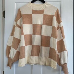 Elegant Cream and Tan Checkered Women's Sweater
